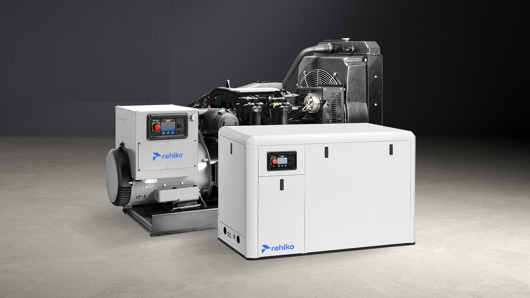 Current Rehlko marine generator sets shown in the manufacturer’s studio