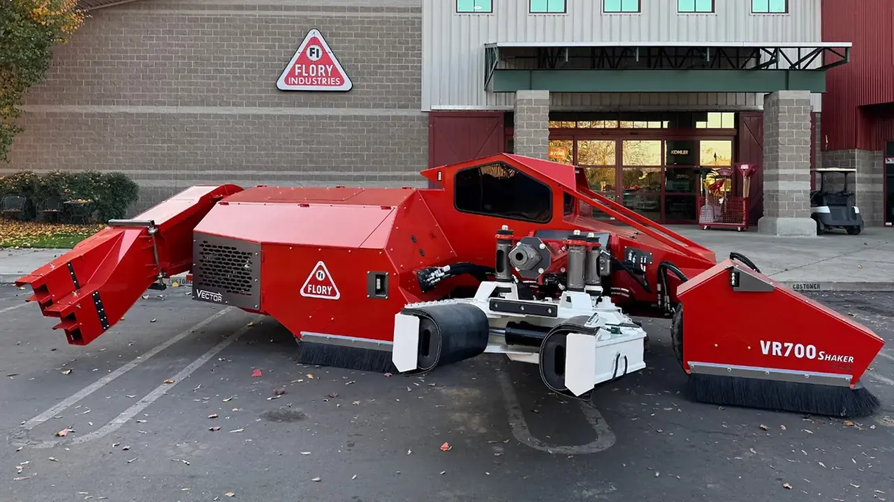 Flory VR700 side-mount nut shaker outside the Flory Industries building